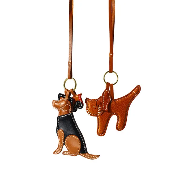 Cute Pet Genuine Leather Dog Cat Keychain